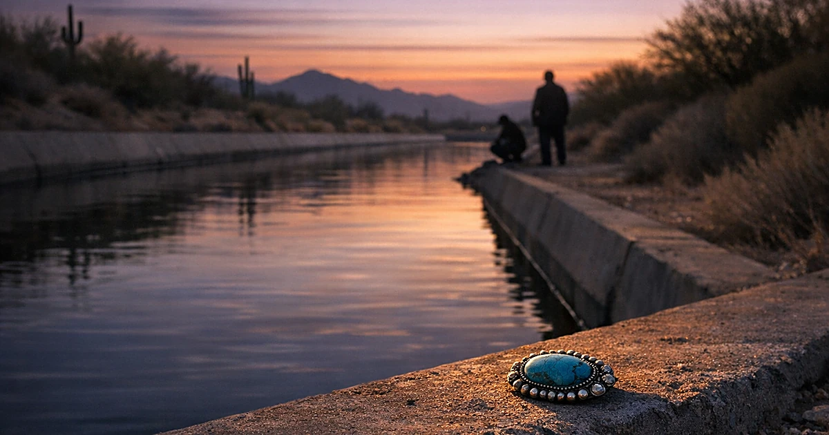 Turquoise stone resting on concrete canal edge at dusk with desert landscape and still water reflecting twilight sky