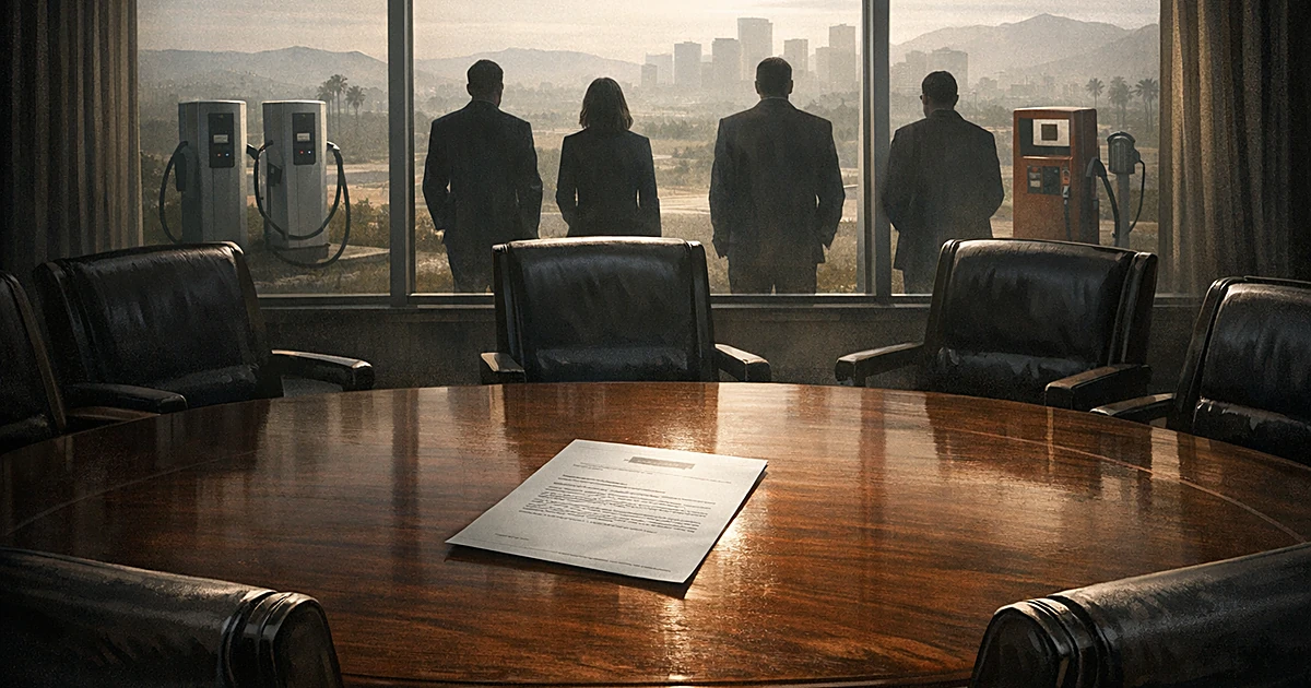 Subpoena document on committee table with silhouettes viewing California landscape with EV chargers and gas pumps
