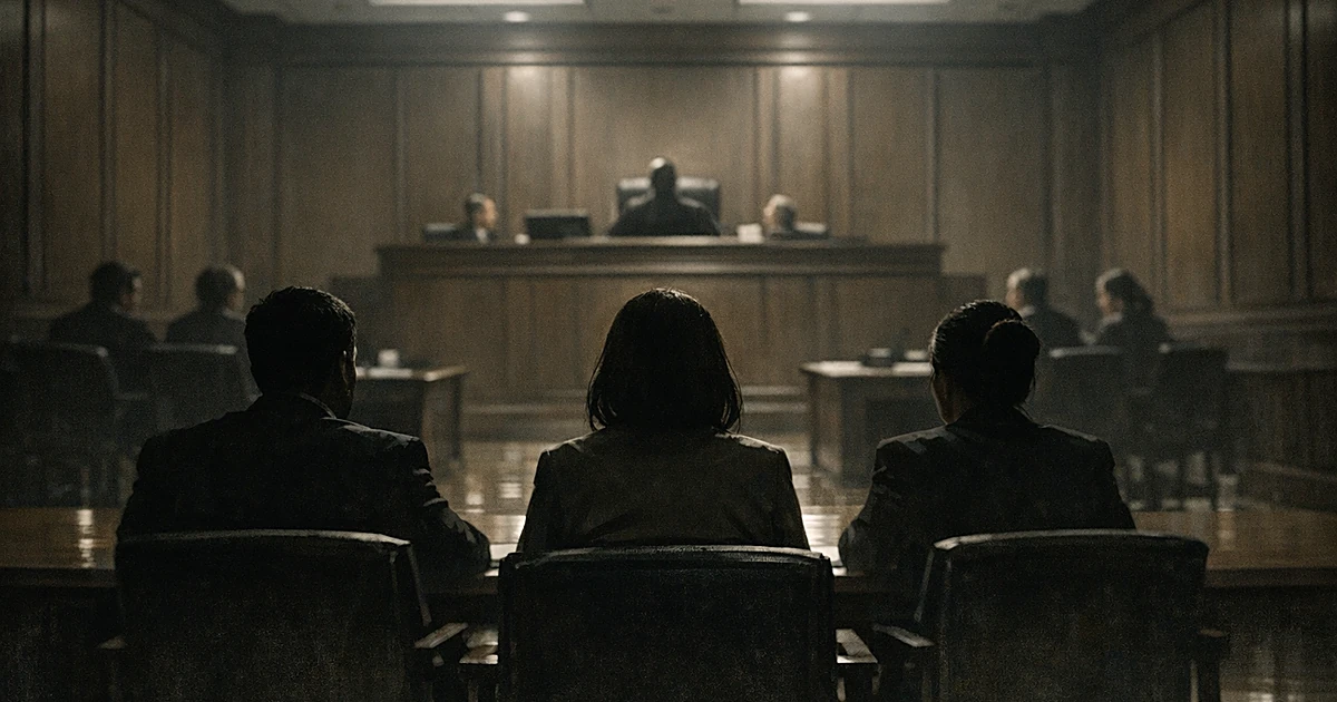Courtroom scene showing silhouetted figures at defendant's table facing judge's bench in federal court setting