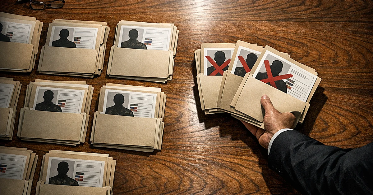 Hand removing military personnel folders from organized stacks on a conference table with documents scattered about
