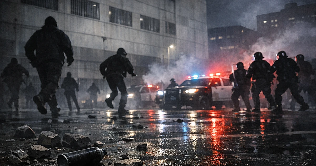 Silhouetted protesters and debris scattered on pavement outside detention center at night with emergency vehicle lights