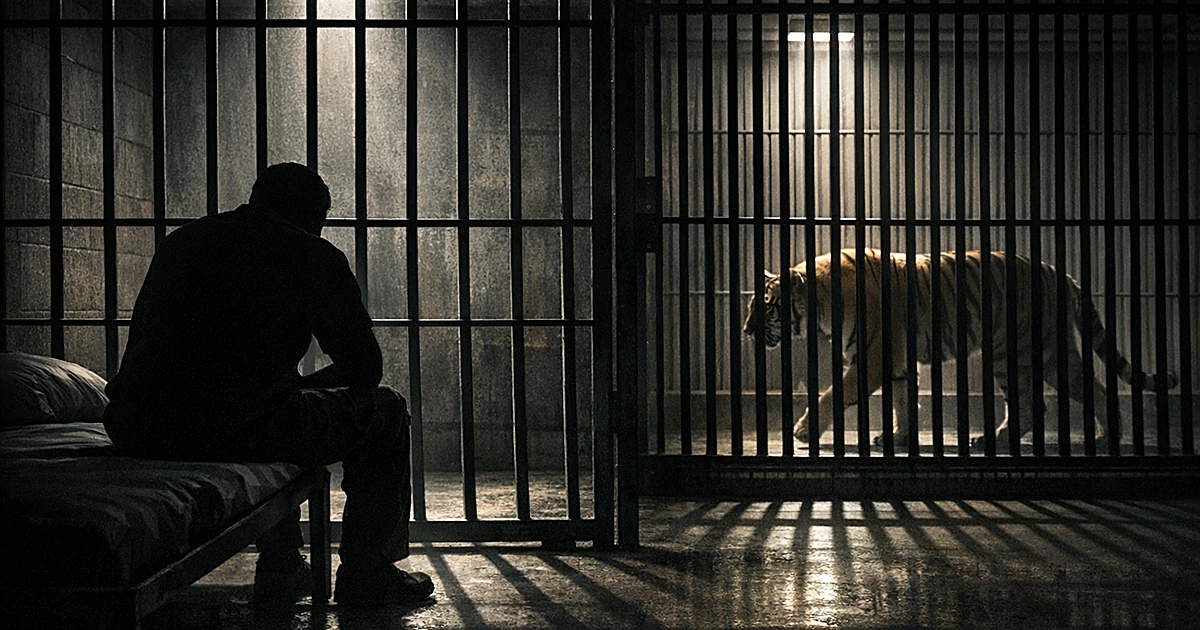 Silhouetted person behind bars in prison cell next to caged tiger, both confined in adjacent enclosures