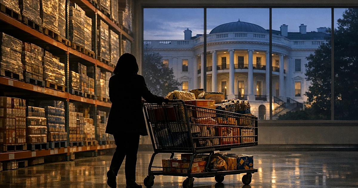 Silhouette pushing shopping cart in warehouse store with government residence visible through window in background