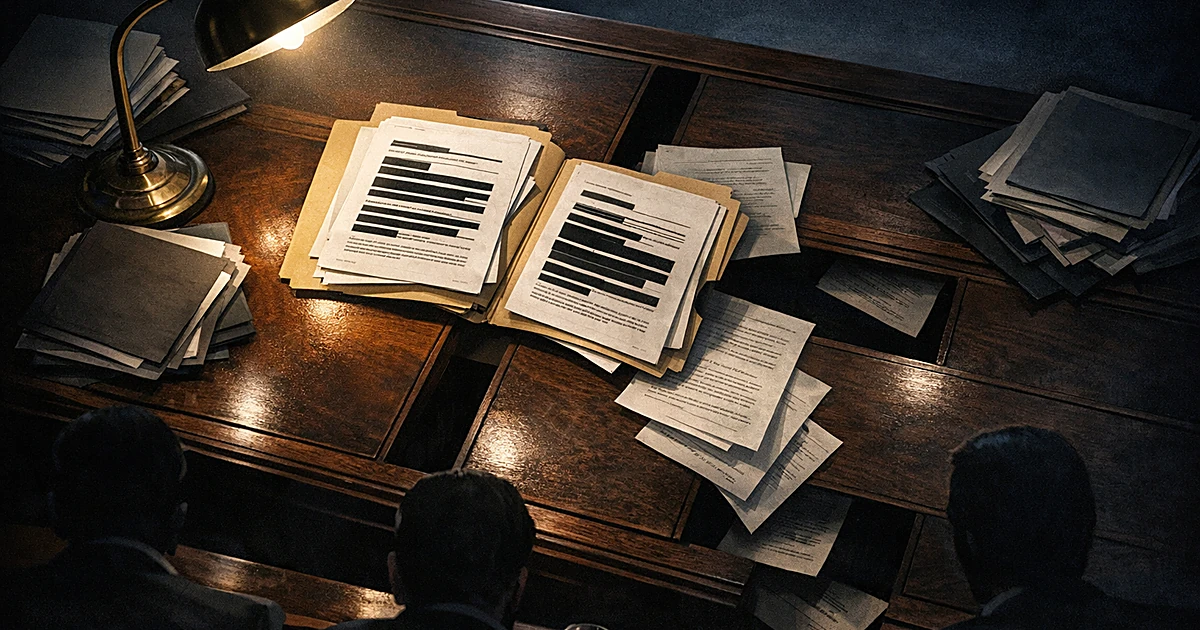 Overhead view of congressional hearing table with scattered legal documents and memos under dramatic lighting