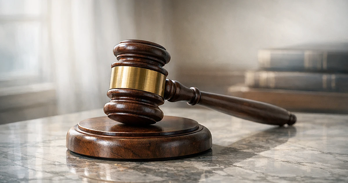 Wooden gavel on marble surface with natural lighting representing justice and legal proceedings
