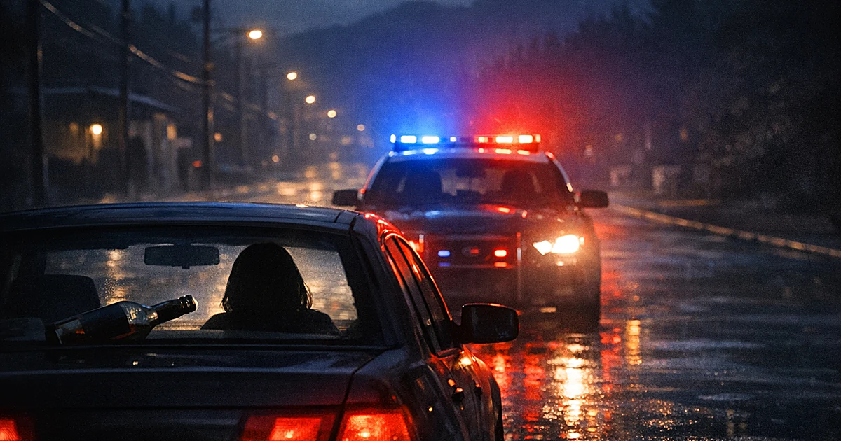 Police car with flashing lights behind stopped vehicle at night with bottle visible on dashboard