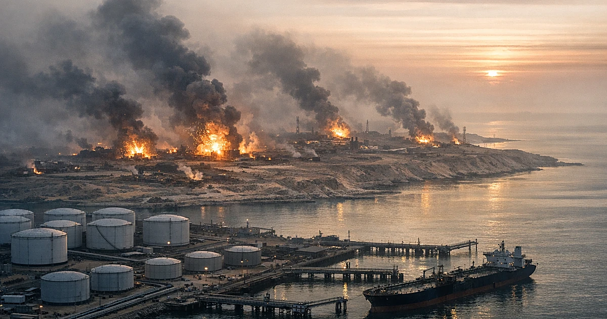 Aerial view of coastal island with smoke rising from inland military sites while waterfront oil facilities remain intact