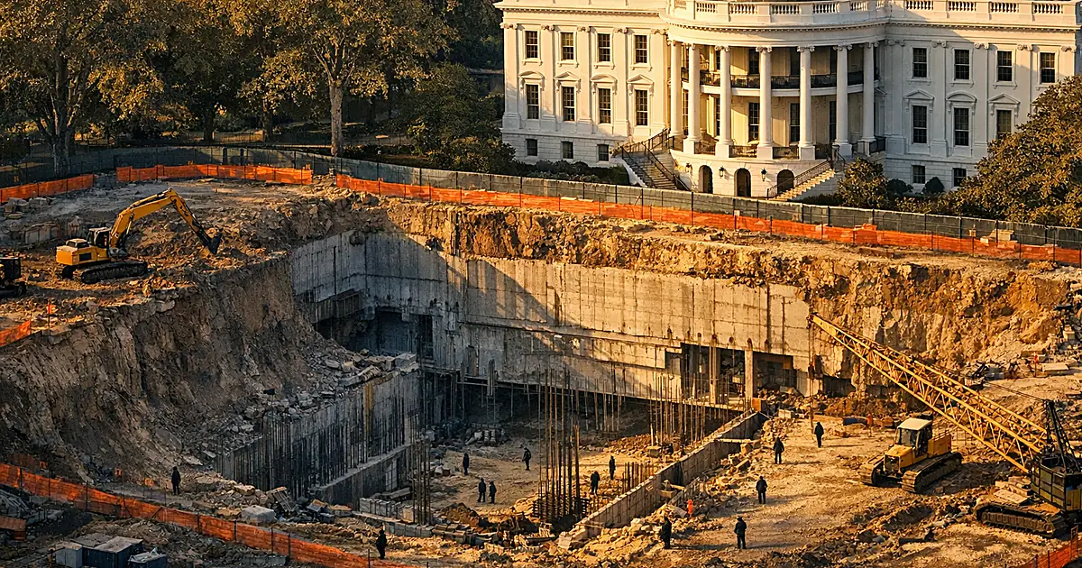 Aerial view of large construction excavation pit next to white building with silhouetted workers and equipment