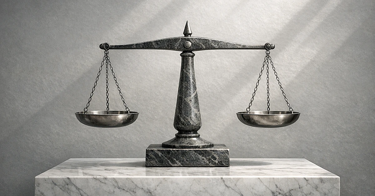 Abstract stone balance scale on pedestal with soft lighting representing justice and legal proceedings