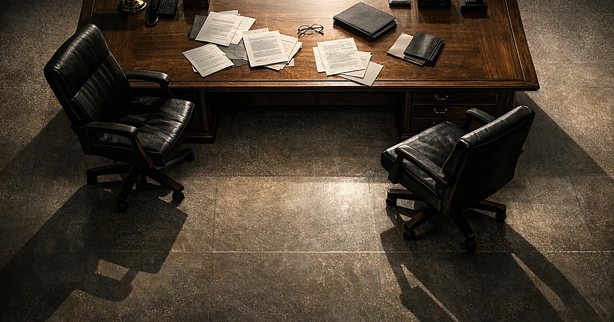 Two chairs facing each other across a desk with opposing shadows, depicting a tense standoff in an office setting