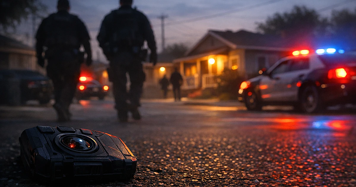 Bodycam on pavement with silhouettes of officers approaching suburban homes at dusk with emergency lights