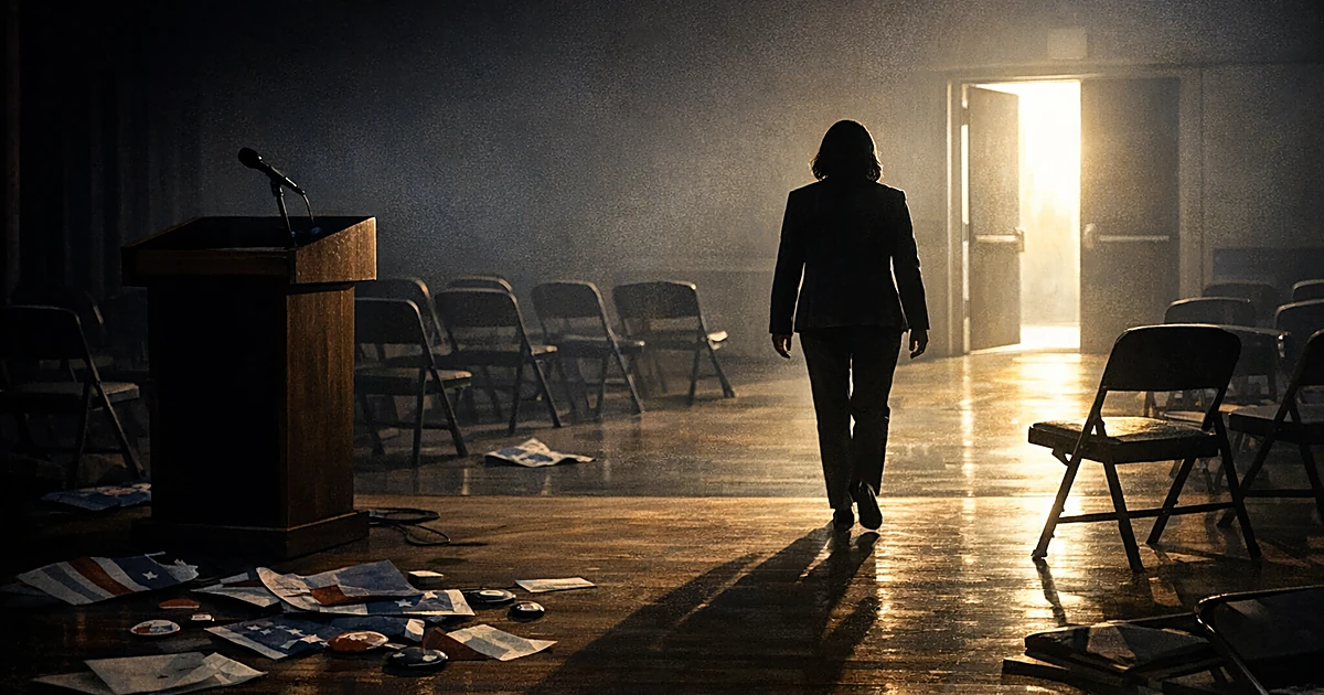 Silhouetted figure walking away from empty podium on stage, leaving abandoned campaign event space