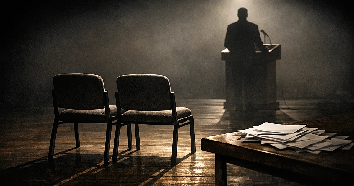 Silhouetted figure at podium with two empty chairs in spotlight, suggesting a difficult choice between candidates