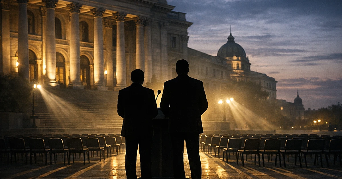 Two silhouetted figures at podium before neoclassical building with columns in evening light