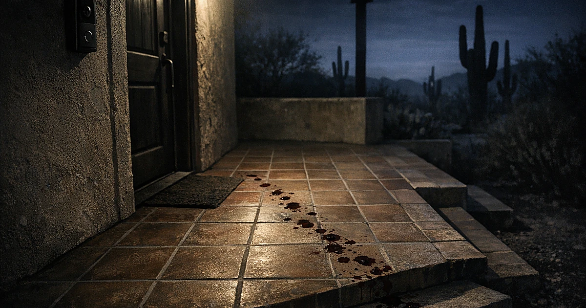 Blood droplets trail across a lit porch at night leading toward steps, with doorbell camera mounted by door
