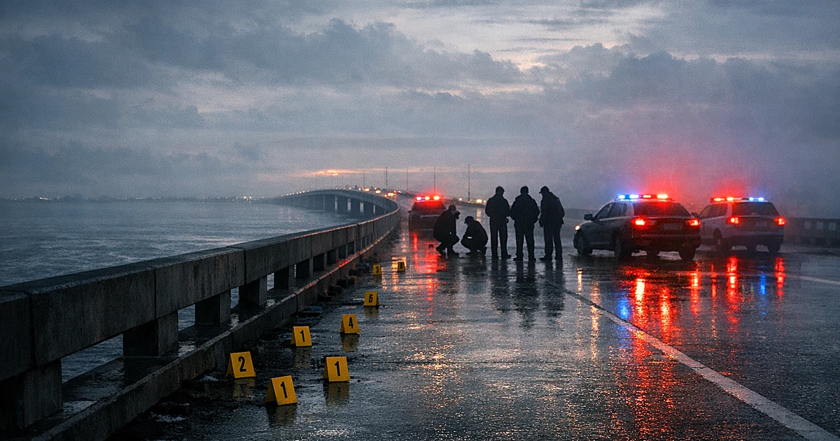 Bridge over water at dawn with emergency lights and silhouetted investigators examining evidence markers on pavement
