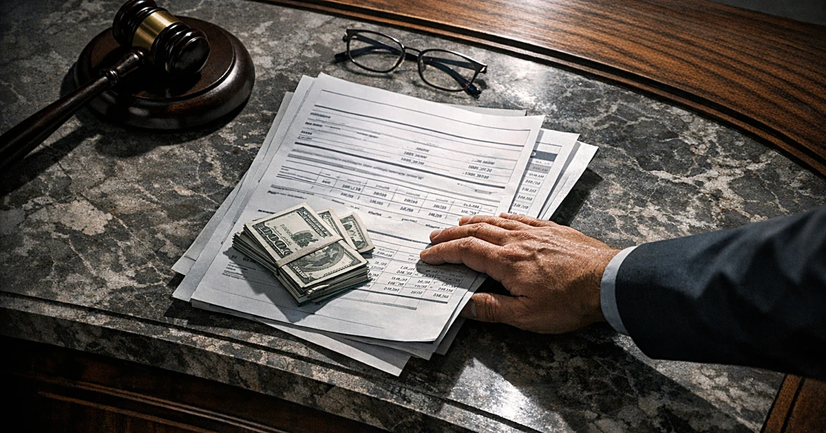 Hand pushing pension documents away from congressional desk with gavel, symbolizing revocation of retirement benefits
