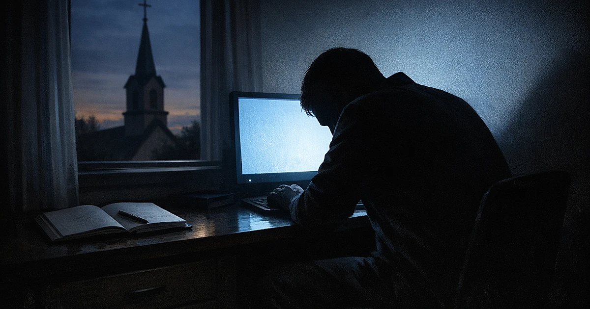 Silhouetted person at computer in dark room with church visible through window and abandoned journal on desk