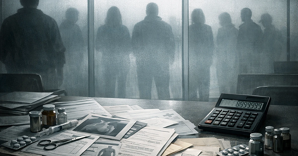 Overhead view of desk with medical documents and calculator, silhouettes queued outside frosted clinical windows