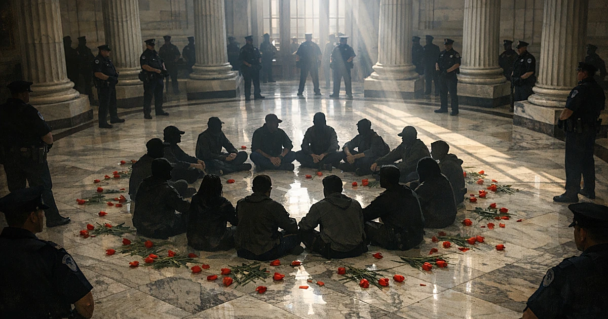 Silhouetted protesters sitting in circle on marble rotunda floor surrounded by red tulips with officers standing nearby