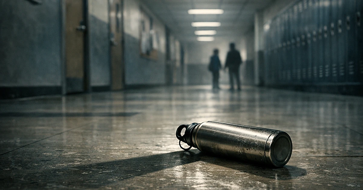 Metal water bottle on empty school hallway floor under fluorescent lights with long shadows