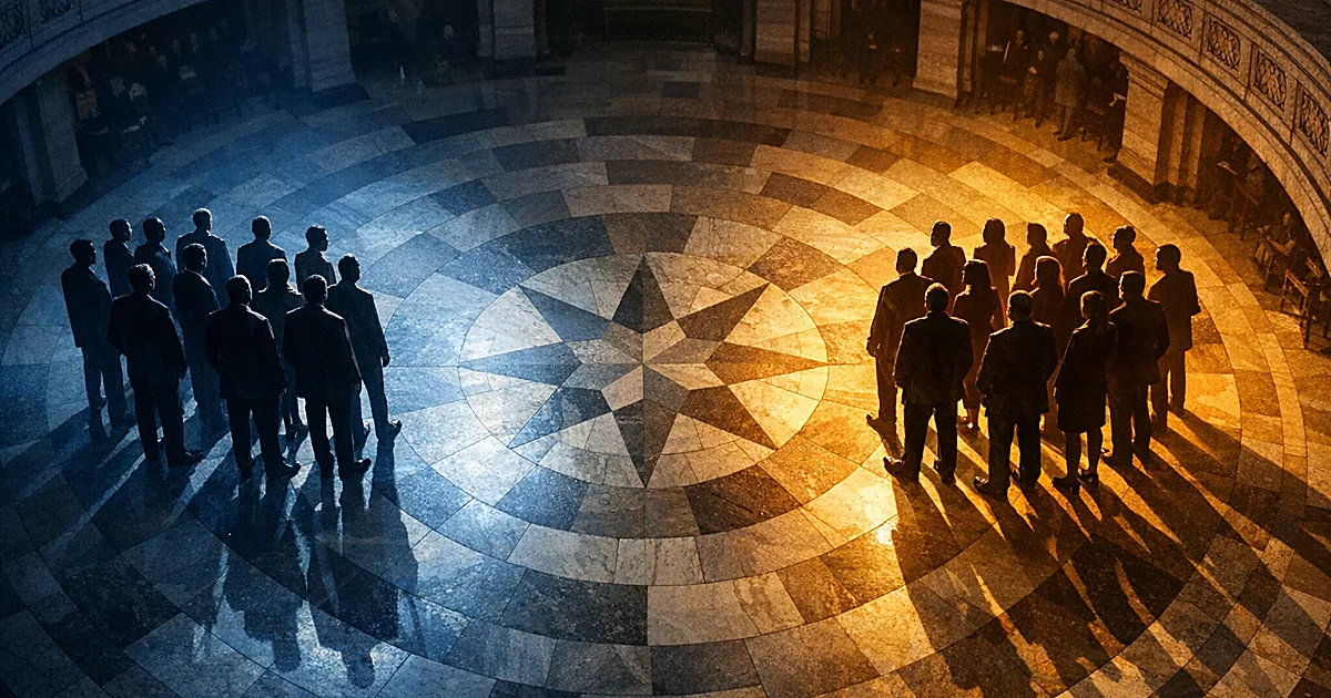 Silhouetted figures stand on opposite sides of Capitol rotunda floor, separated by dramatic contrasting lighting