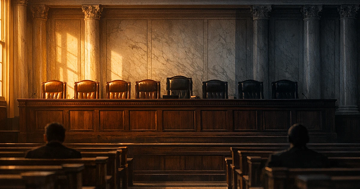 Empty courtroom with seven judicial chairs, four illuminated in warm light on left, three in shadow on right