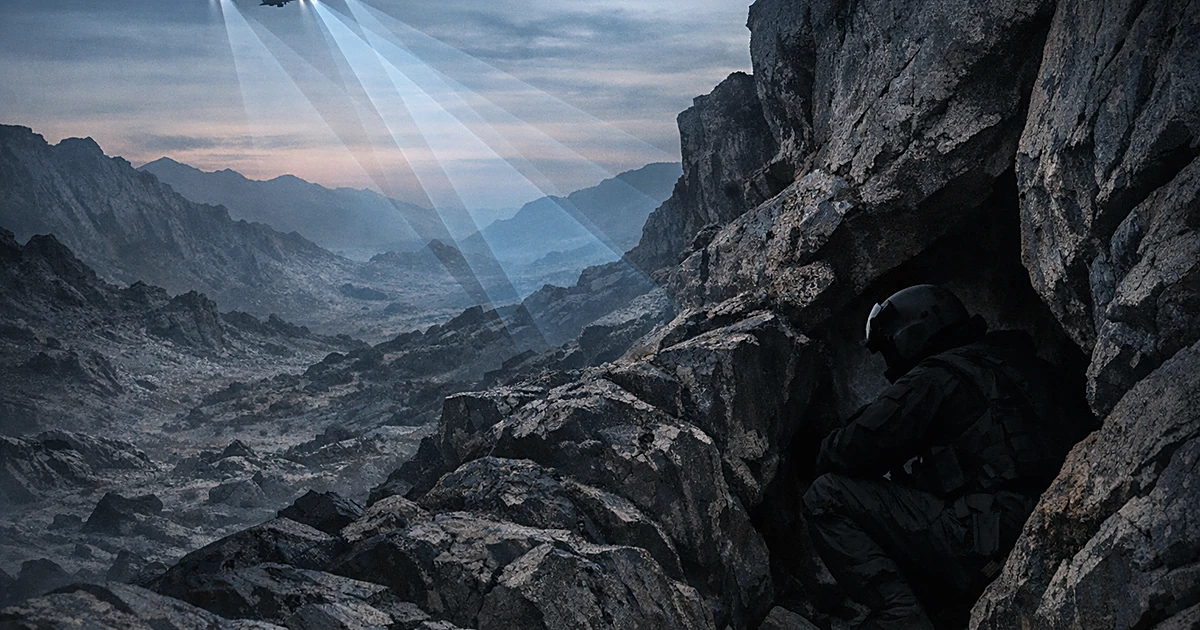 Silhouetted pilot hiding in mountain crevice while surveillance beams scan rocky terrain from aircraft above