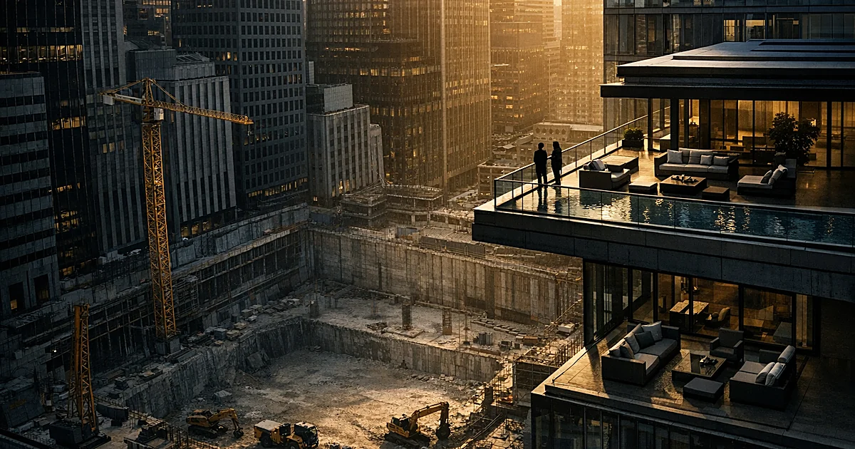 Aerial view of luxury penthouse above empty construction site surrounded by skyscrapers in urban setting
