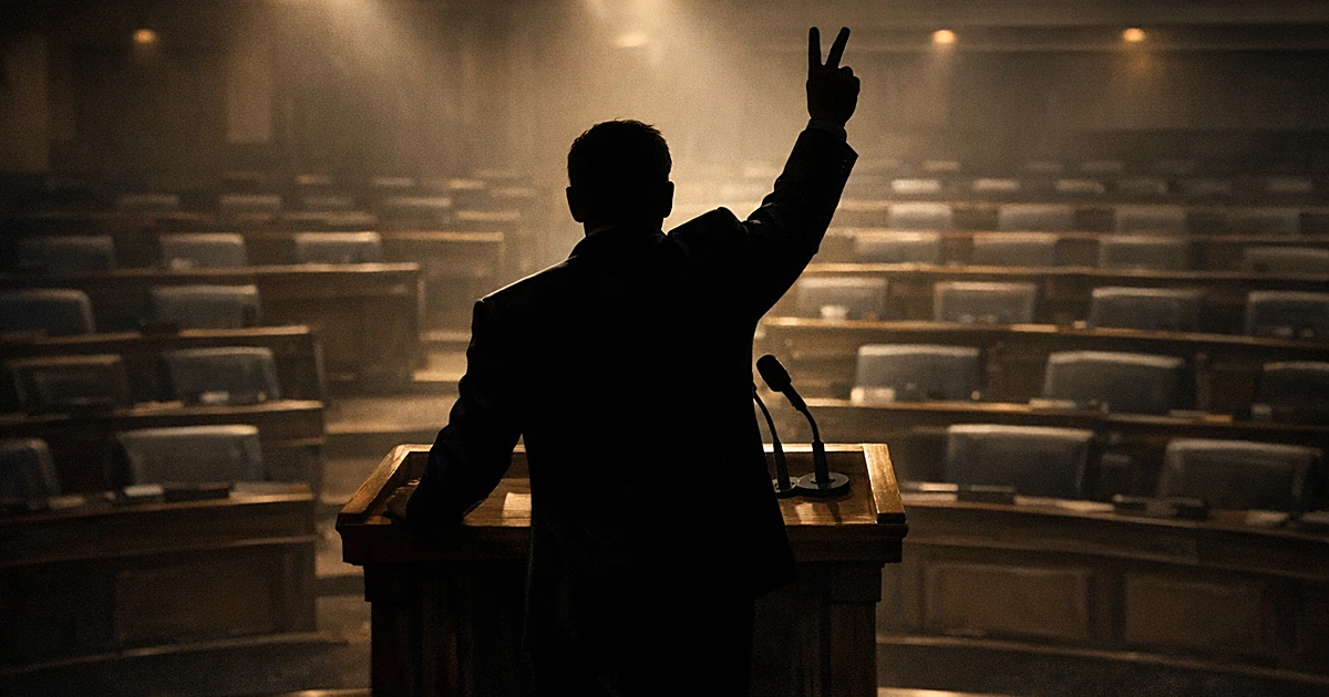 Silhouetted figure at podium with raised arm in empty Georgia assembly hall with dramatic stage lighting