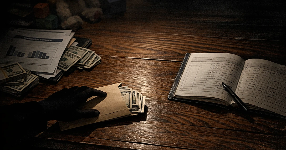 Overhead view of desk with campaign documents, cash, and ledger as silhouetted hand slides envelope across surface