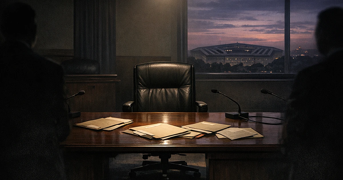 Empty chair at congressional hearing table with Pentagon silhouette visible through window in darkened office