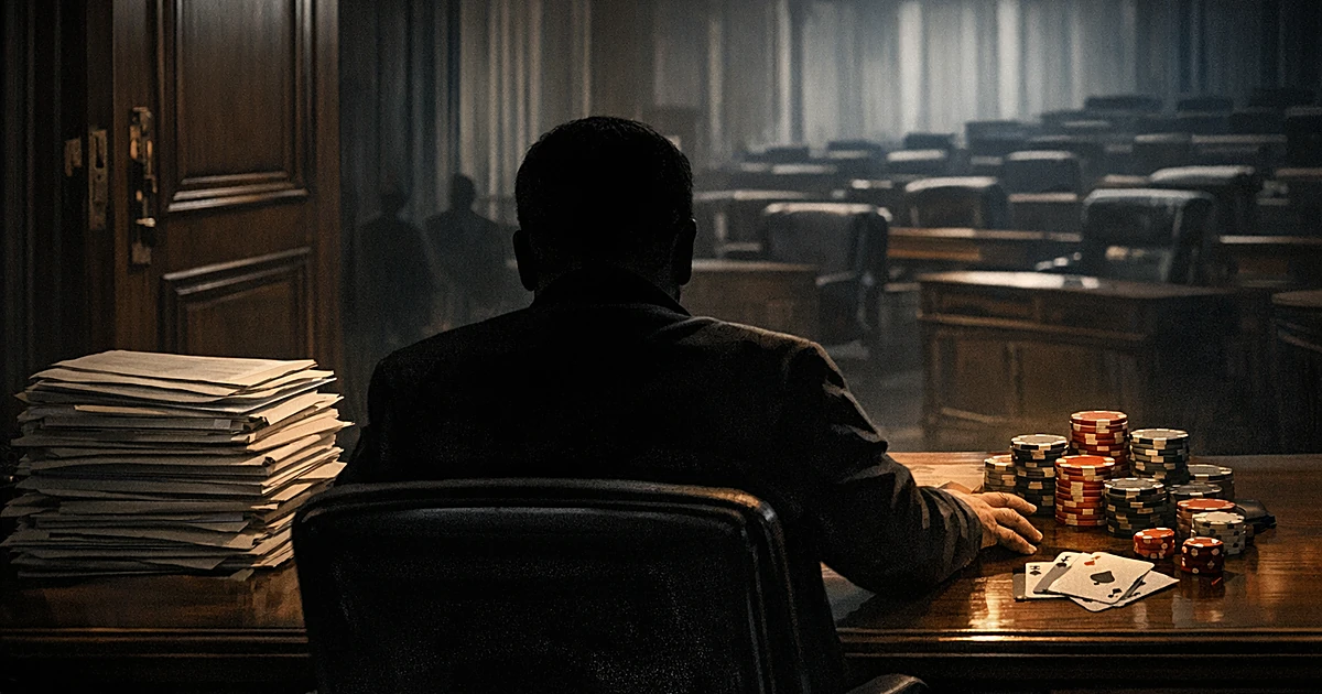 Silhouette at desk with pension documents, casino chips, and cards, with empty legislative chamber visible beyond