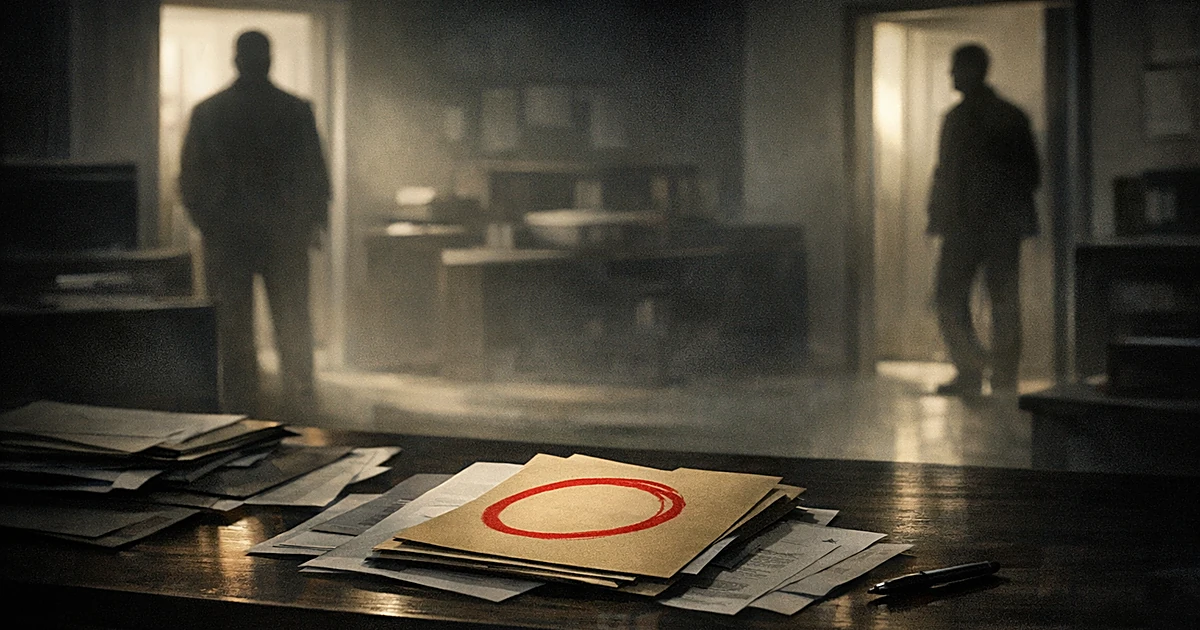 Dark office with documents on desk and separated silhouetted figures suggesting internal surveillance and mistrust