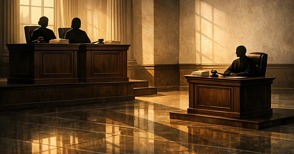 Three separated judicial benches in a courthouse interior, two grouped together and one standing alone, illustrating split