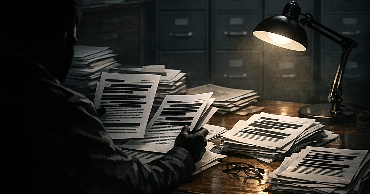 Silhouetted figure reviewing stacks of redacted documents on desk under lamp in dark office with filing cabinets