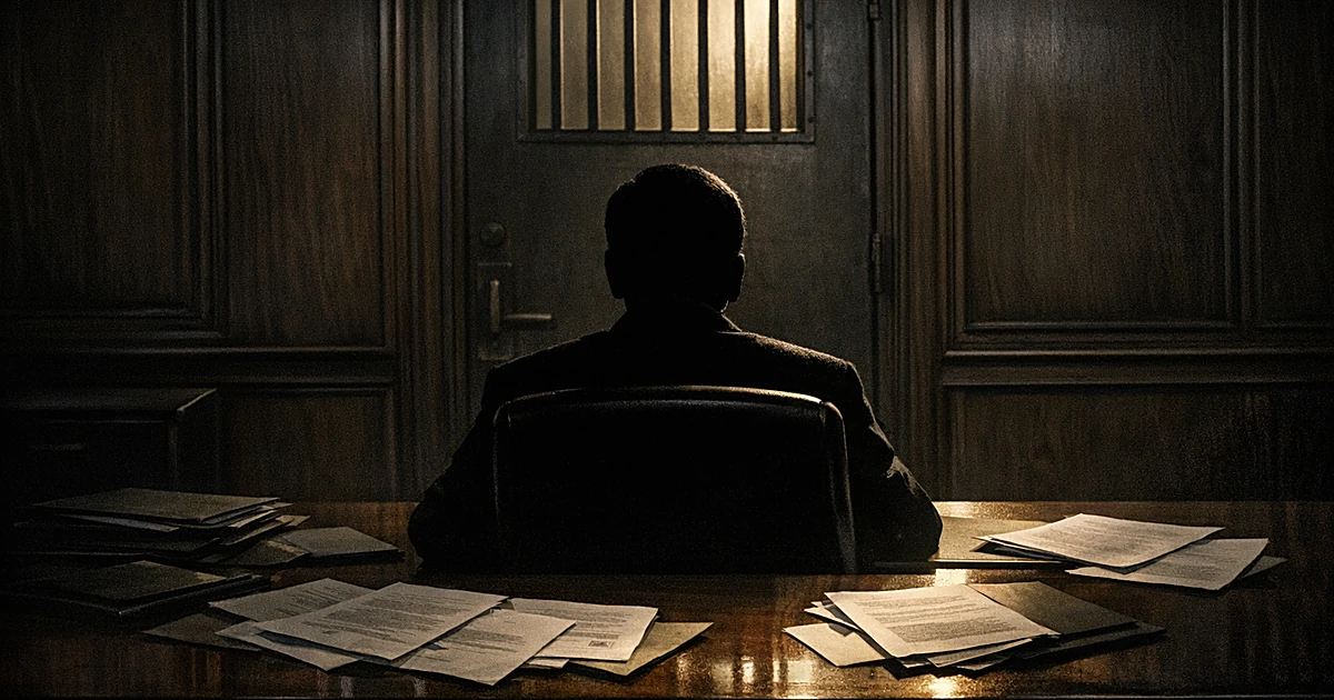 Silhouetted figure at desk facing barred door with scattered documents in dramatic lighting