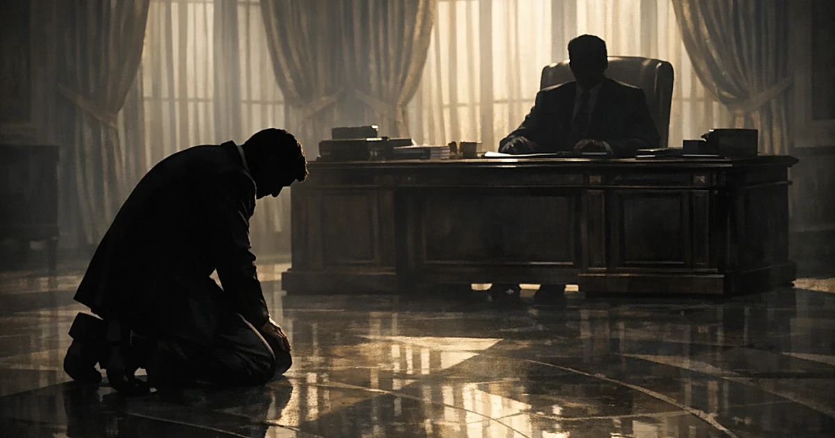 Silhouetted figure kneeling before desk with another silhouette seated behind it in dramatic office lighting