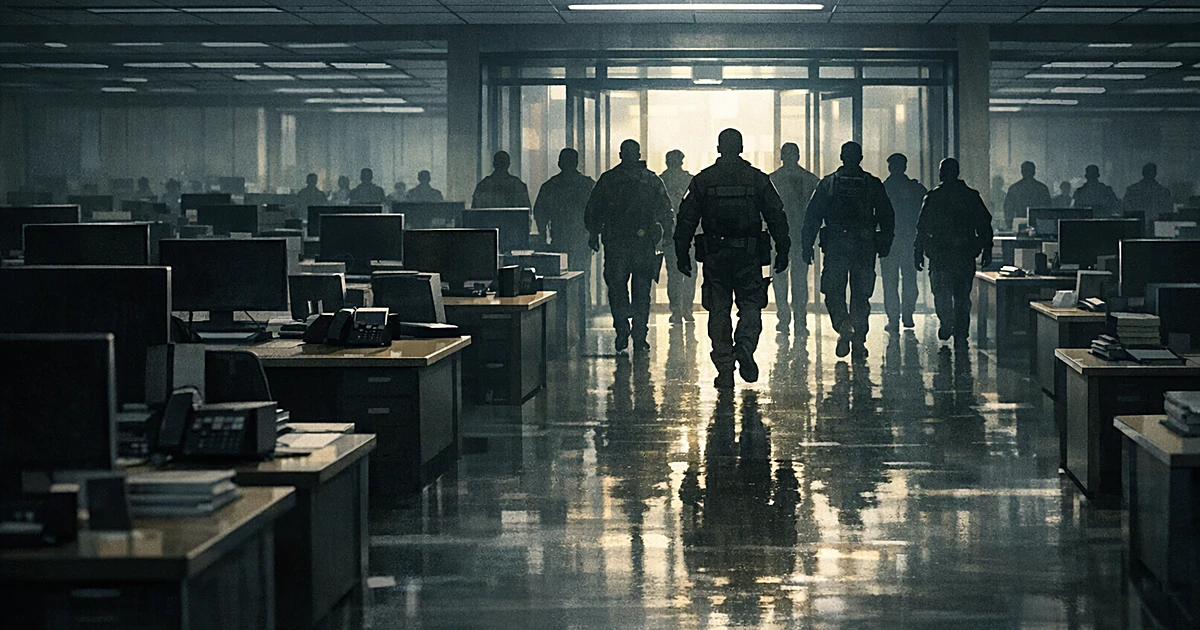 Silhouettes of workers entering large office with rows of empty desks after extended absence