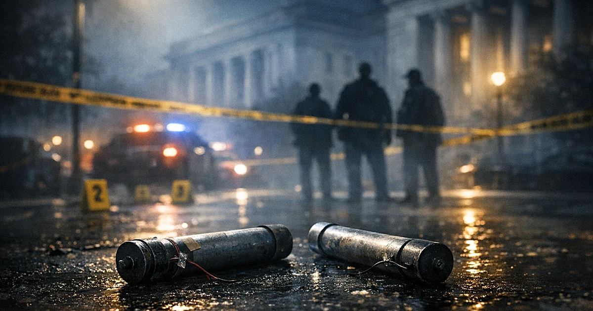 Pipe bombs on dark pavement near government buildings at night with crime scene tape and evidence markers
