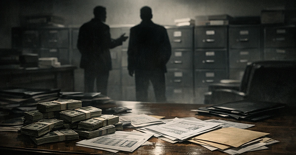 Silhouetted figures in office with cash and documents on desk suggesting financial fraud investigation