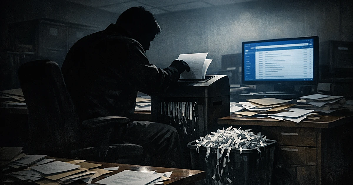 Silhouetted person shredding documents at desk with computer and scattered papers in dark office setting