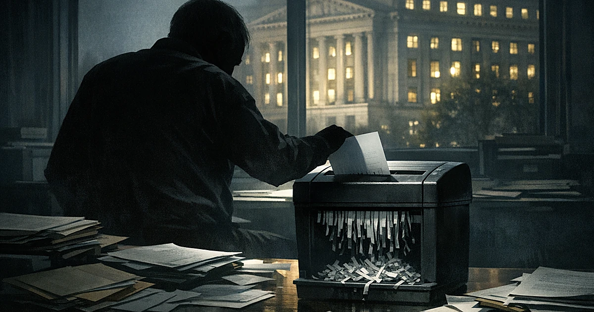 Silhouetted figure shredding documents at desk in dark office with government building visible through window