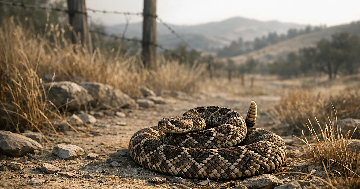 Rattlesnake coiled on dry ground near wooden fence posts in rural California hillside landscape