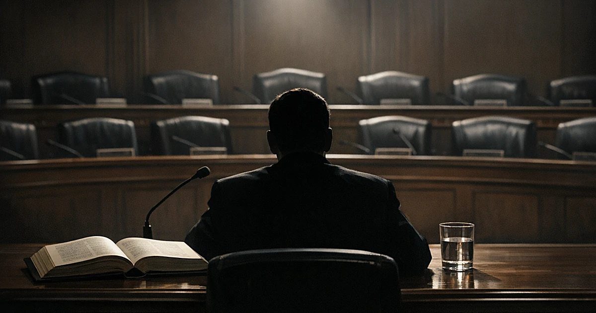 Silhouette of witness at table facing empty elevated chairs in congressional hearing room with open law book