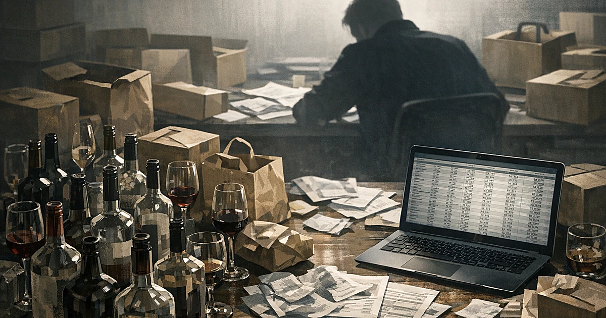 Overhead view of desk covered with empty liquor bottles, delivery boxes, and financial documents with silhouetted figure