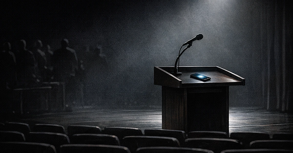 Empty illuminated podium on dark stage with glowing smartphone, surrounded by empty auditorium seats