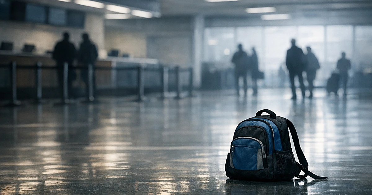 A child's backpack sits abandoned on an empty airport terminal floor with silhouetted figures in the distance