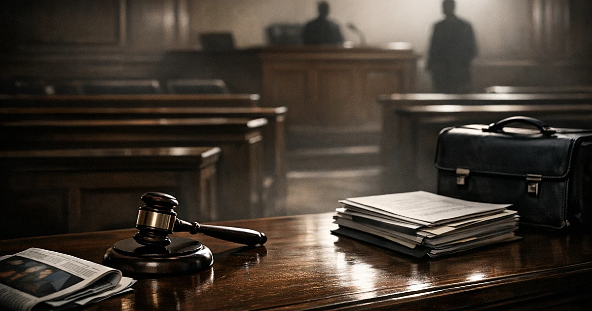 Empty courtroom with gavel, stacked documents, and magazine on opposing tables in dramatic lighting