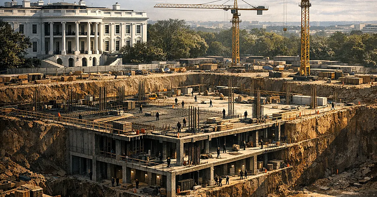 Aerial view of large-scale construction site with excavation and steel framework beside white columned building
